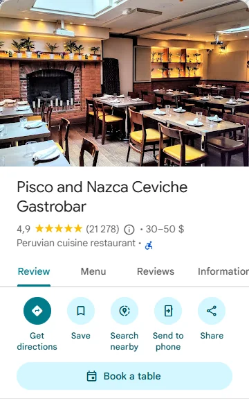 Pisco & Nazca restaurant card in Google