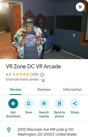 VR Zone DC Google listing